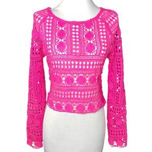 Banjul Hot Pink Long Sleeve Barely Crop Crochet Zip-Up-Back Top